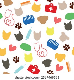 Colorful Pattern of Pets and Veterinary Items - Colored Silhouettes of Dogs and Cats Heads, Food, Syringe, Stethoscope, Footprints and more. Seamless Link.