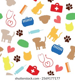 Colorful Pattern of Pets and Veterinary Items - Colored Silhouettes of Dogs, Cats, Food, Carrying Box, Syringe, Stethoscope, Footprints and more. Seamless Link.