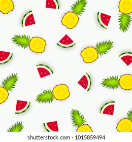 Colorful pattern of pineapple and watermelon. Abstract image of fruit, minimalistic style. Top view of pineapple and watermelon segments. Summer food concept. Vector illustration