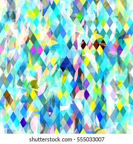 Colorful pattern with predominance of blue and green colors. Stains and rhombuses. Seamless background. Vector texture