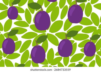 Patrón colorido de ciruelas púrpuras y hojas verdes sobre un fondo blanco que muestra la belleza en un diseño simple