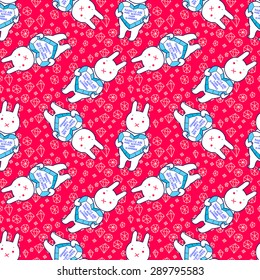 Colorful pattern with rabbits and diamond hearts