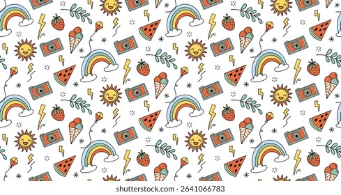 Colorful Pattern with Rainbows, Suns, Lightning, Strawberries, Ice Cream, and Camera for a Fun Summer Theme Vector illustration
