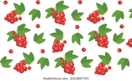 Colorful pattern with red currant berries and leaves on a white background.