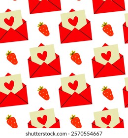 Colorful pattern of red envelopes with heart cards and strawberries on a white background