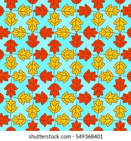 Colorful pattern of red and yellow stylized fall  leaves on light sky blue checkered background. Vector seamless repeat.