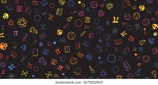 Un colorido patrón de ciencia, matemáticas y otros garabatos sobre un fondo oscuro.