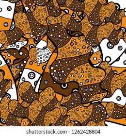 Colorful pattern. Seamless Flat design with abstract doodles on brown, orange and black colors background. Vector illustration.