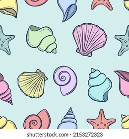 Colorful pattern with seashells, seamless repeating background