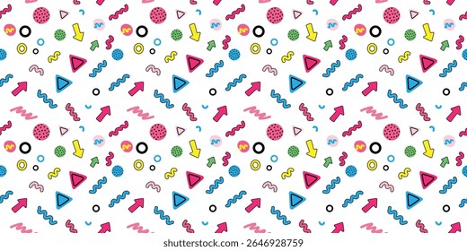 A colorful pattern of shapes and arrows on a white background