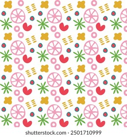 A colorful pattern of shapes and circles, including a large orange circle, is drawn on a white background