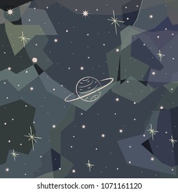 Colorful Pattern with shiny Stars and Saturn in the center. Dark Starry Night. Abstract space pattern. Part of Cosmos, Astronomy and Space Collection. Detailed Illustration. Vector Illustration