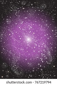 Colorful Pattern with shiny white stars in deep space. Supernova. Dark Starry Night. Part of Cosmos, Astronomy and Space Collection. Detailed Illustration. Vector Illustration