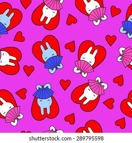 Colorful pattern with shy rabbits and hearts