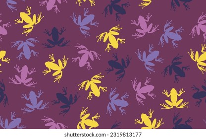 Colorful pattern with silhouette tree frogs on purple background.