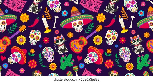 A colorful pattern of skulls, skeletons, flowers, and other decorations. The image is a representation of Mexican culture and traditions