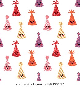 Colorful Pattern of Smiling Party Hats with Playful and Festive Designs. Seamless pattern featuring adorable, smiling party hats in vivid colors, suitable for celebrations, decorations, and themed 