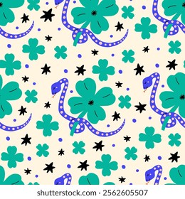 Colorful pattern of snakes surrounded by clovers and stars. Snake symbol of the year. Vector hand drawn bold illustration