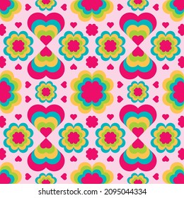 Colorful pattern with square composition of hearts and flowers. Folklore decorative fashion print. Background, texture for wallpaper, textile, fabric, home decor