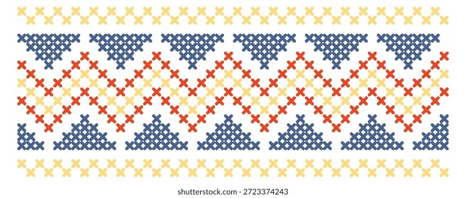 Un patrón colorido de cuadrados y cruces se muestra sobre un fondo blanco