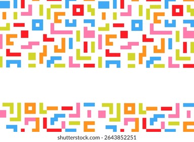 Um padrão colorido de quadrados e retângulos. Os quadrados estão em cores e tamanhos diferentes. O padrão é muito ocupado e colorido