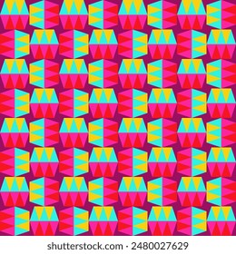 A colorful pattern of squares and triangles. The colors are bright and vibrant, creating a lively and energetic mood. The pattern is made up of various shapes and sizes, with some squares