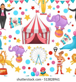 Colorful pattern with stars rounds of different colour tickets circus artist and animal symbols isolated vector illustration