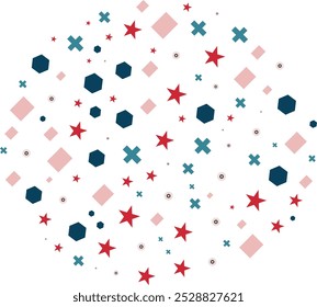 A colorful pattern of stars and squares. The squares are blue and red and the stars are red and white