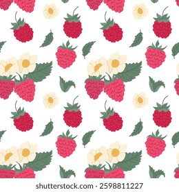 Colorful pattern of strawberries, raspberries, flowers, and leaves on a white background creating a vibrant and fresh design