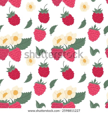 Colorful pattern of strawberries, raspberries, flowers, and leaves on a white background creating a vibrant and fresh design