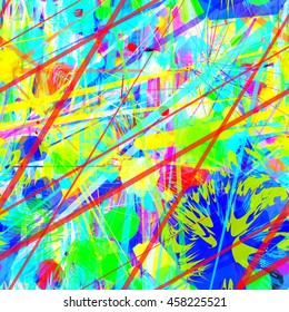 Colorful pattern with stripes, polygons and shapeless spots. Abstract seamless vector background.