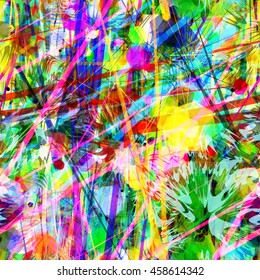 Colorful pattern with stripes, polygons and shapeless spots. Abstract seamless vector background.