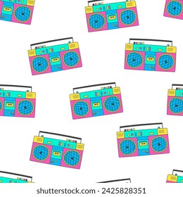 Colorful pattern in the style of the 90s, with an audio recorder. Seamless background for your design, vector.