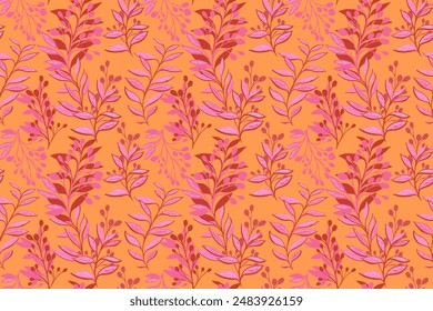 Colorful pattern with stylized art branches, abstract shapes leaves. Creative floral stems contemporary seamless printing on a vintage orange background. Vector hand drawing illustration. Designs 