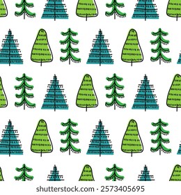 Colorful pattern of stylized trees with varying shapes and sizes on a white background