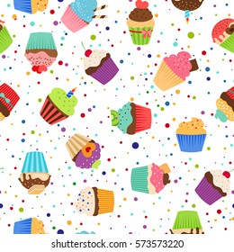 Colorful pattern with sweet cupcakes on dotted white background. Vector illustration