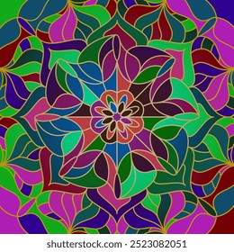 Colorful pattern. Symmetrical mandala-style ornament. Background template for decorating textiles, wallpapers, covers, interior and creative design
