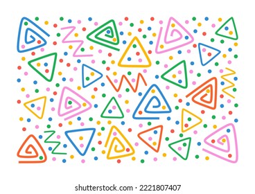 Colorful pattern. Triangles, serpentine, dots and zigzag. Fun colorful line doodle shape background. 