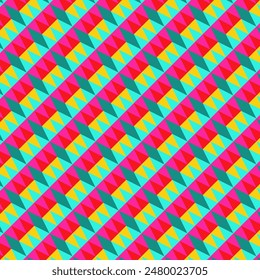 A colorful pattern of triangles and squares. The colors are bright and vibrant, creating a lively and energetic atmosphere. The pattern is made up of various shades of blue, green, and red