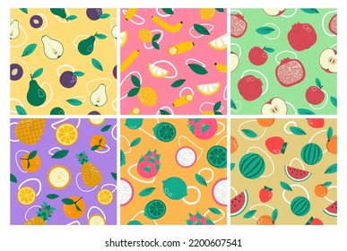 Colorful pattern with tropical fruits decoration set. Background design collection with vegetarian ripe product , vector illustration. Seamless banner with fresh summer food element