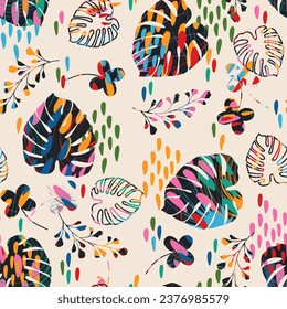 Colorful pattern with tropical leaves and abstract strokes. Monstera pattern