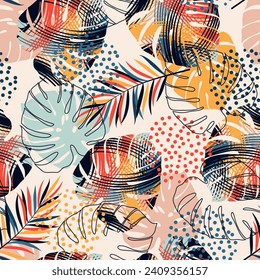 Colorful pattern with tropical leaves and abstract strokes. Monstera pattern