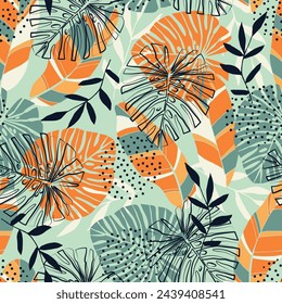 Colorful pattern with tropical leaves and abstract strokes. Monstera pattern