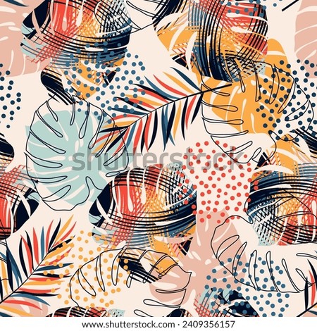 Colorful pattern with tropical leaves and abstract strokes. Monstera pattern