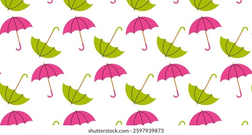 Colorful pattern of umbrellas and leaves on white background for vibrant design projects