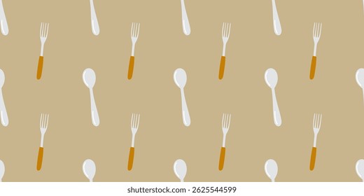 Colorful pattern of utensils on a beige background suitable for kitchen decor