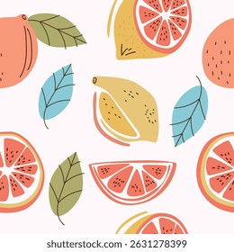 Colorful pattern of various citrus fruits including oranges, lemons, and grapefruits with green leaves 