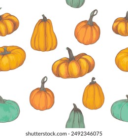 Colorful Pattern with Various Pumpkins, Hand-Drawn Vector Illustration