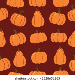 Colorful pattern of various pumpkins on a deep red background ideal for fall decorations or seasonal crafts