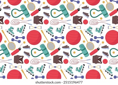 Colorful pattern of various sports equipment and accessories suitable for active lifestyles